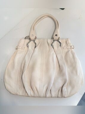 Vintage Celine Cream Pebbled Leather Satchel Shoulder Tote Bag Silver Hardware